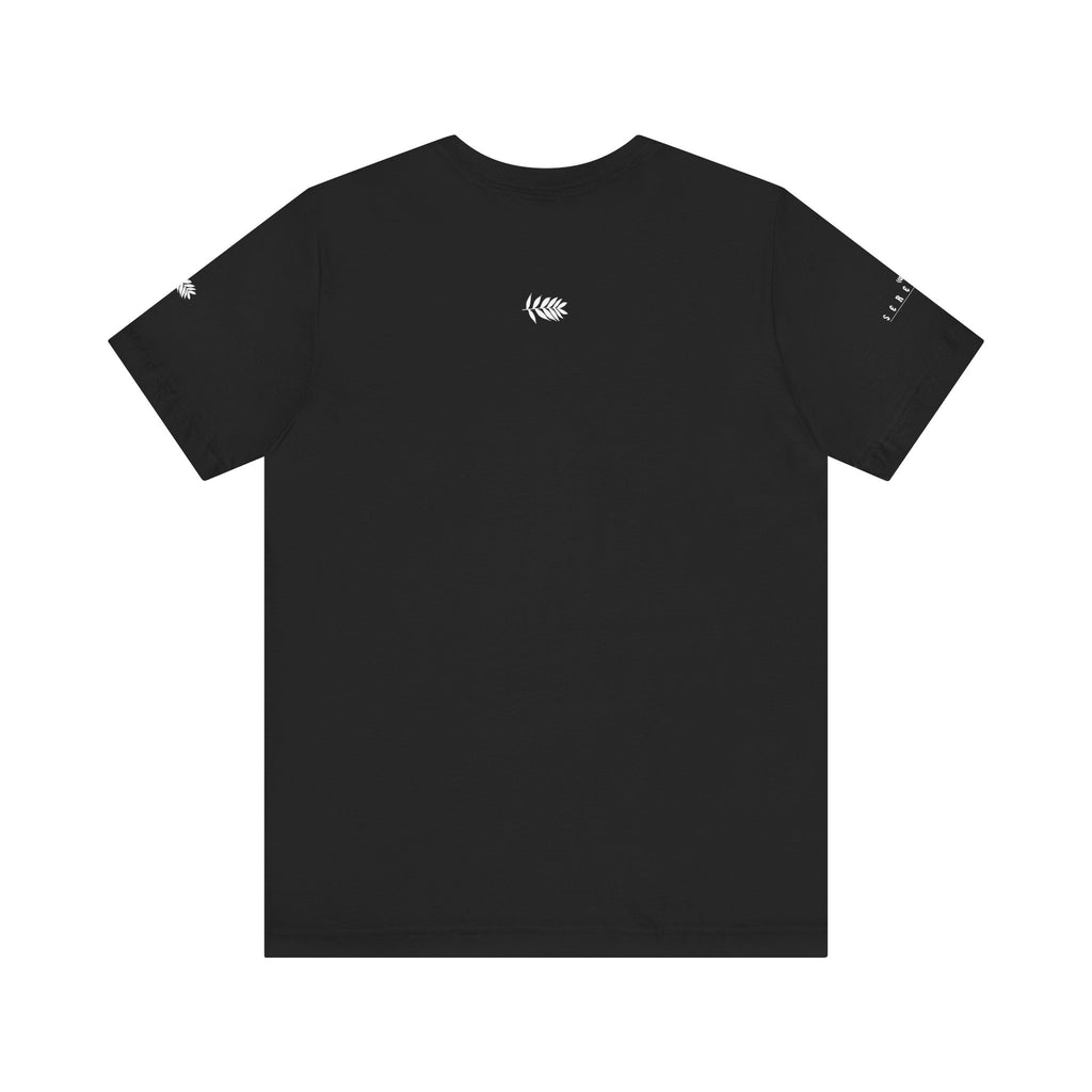"SERENITY Thin Print on Black" - Unisex Jersey Short Sleeve Tee in Casual Comfort, Perfect for Everyday Wear, Gifts, Home Relaxation, and Summer Outings