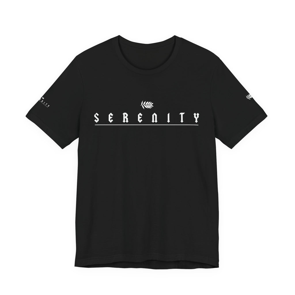 "SERENITY Thin Print on Black" - Unisex Jersey Short Sleeve Tee in Casual Comfort, Perfect for Everyday Wear, Gifts, Home Relaxation, and Summer Outings