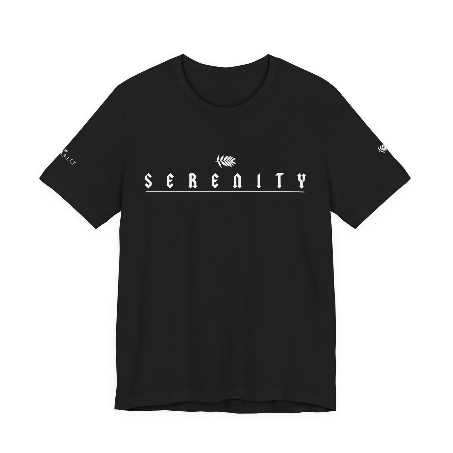 "SERENITY Thin Print on Black" - Unisex Jersey Short Sleeve Tee in Casual Comfort, Perfect for Everyday Wear, Gifts, Home Relaxation, and Summer Outings