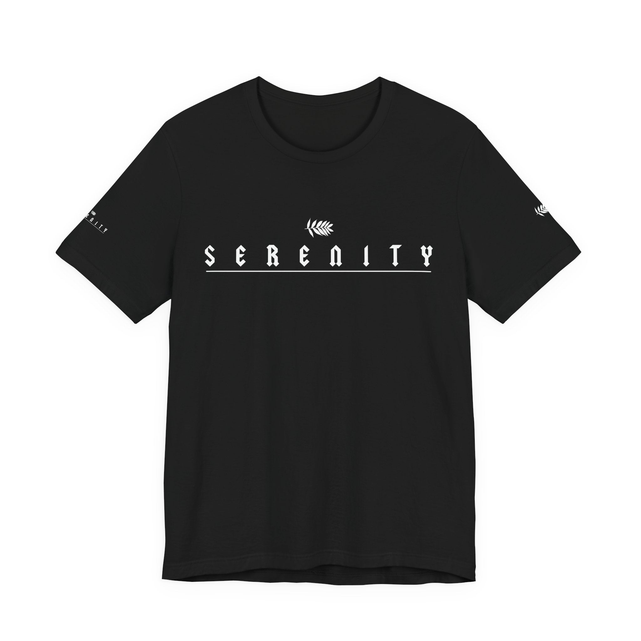 "SERENITY Thin Print on Black" - Unisex Jersey Short Sleeve Tee in Casual Comfort, Perfect for Everyday Wear, Gifts, Home Relaxation, and Summer Outings