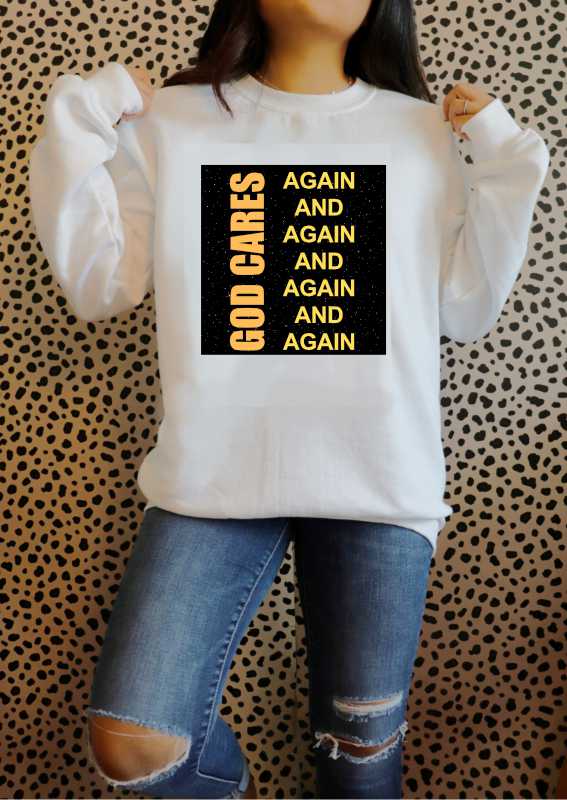 God Cares - Again and Again and... WOMAN Drop Shoulder Sweatshirt - Cozy Gift for Faith, Inspirational Apparel, Perfect for Everyday Wear, Religious Fashion, [...]