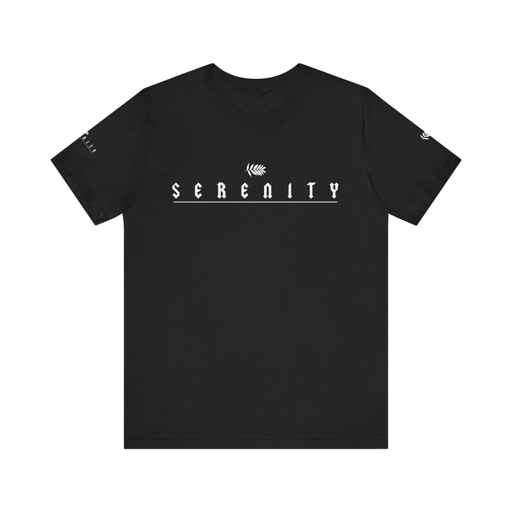 "SERENITY Thin Print on Black" - Unisex Jersey Short Sleeve Tee in Casual Comfort, Perfect for Everyday Wear, Gifts, Home Relaxation, and Summer Outings